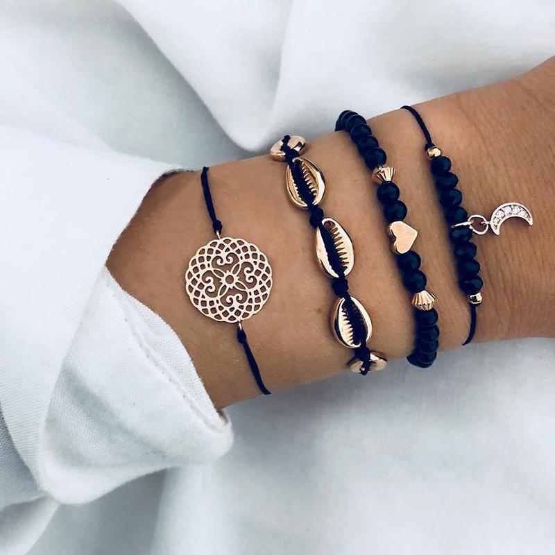 Link, Chain 4 Pcs-Set Black Bracelets Sets Gold Metal Shell Hollow Round Flower Heart Moon Beads Women Rope Bracelet 2021 Jewelry Gift