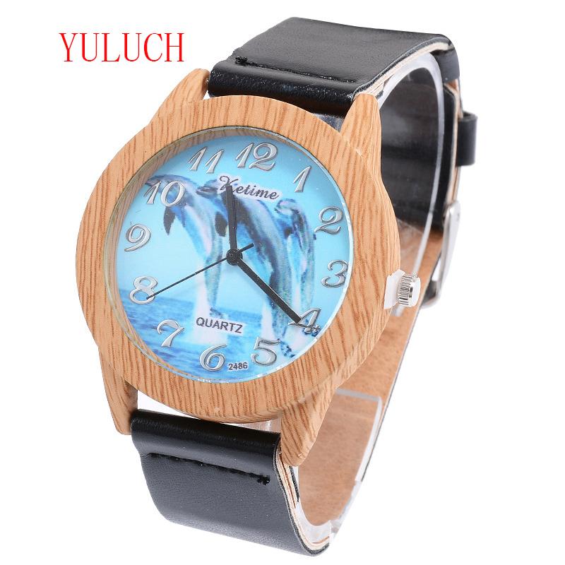 Wristwatches YULUCH Creative Fashion Ladies Quartz Wood Grain Watch Personality Dolphin Pattern Dial Pu Belt Brand Gift