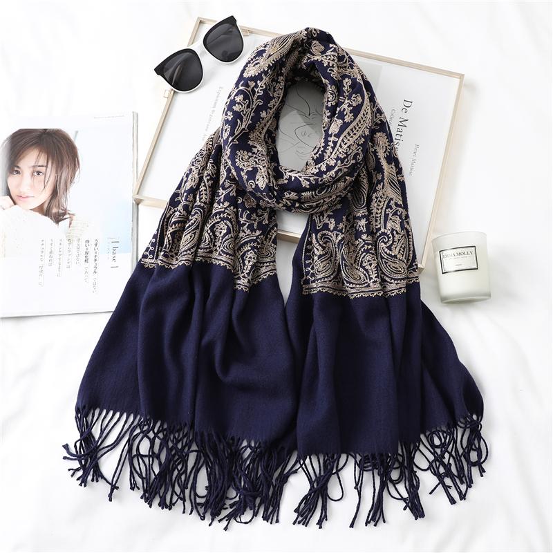 Scarves Luxury Embroidery Women Winter Scarf Cashmere Lady Shawls Wraps Foulard Solid Tassel Bohemian Warm Echarpe
