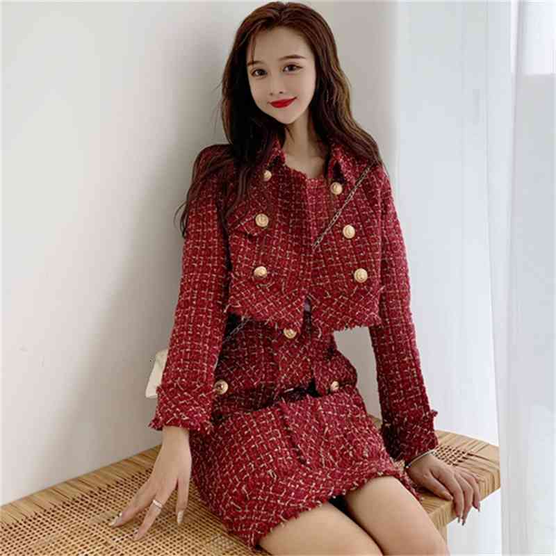 Two Piece Dress Women Retro Tweed Jacket A-line Skirt Set ladies Runway Spliced Plaid Gold trim Short Coats Skirts Outfits Suits