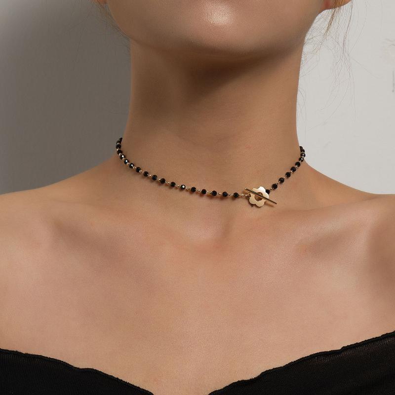 Chokers Fashion Luxury Black Crystal Glass Bead Chain Choker Necklace For Women Flower Lariat Lock Collar Jewelry Party Charm