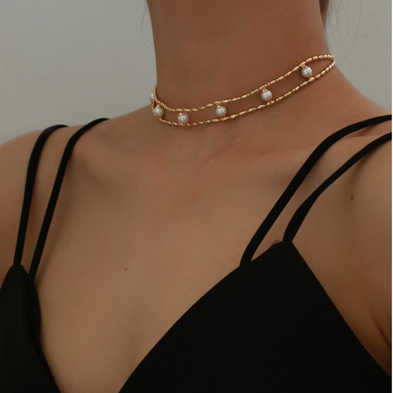 Chokers WTLTC French Double Layered Charms Necklaces For Women Hollow Mini Tiny Beaded Link Necklace Real Pearls Dotted Choker