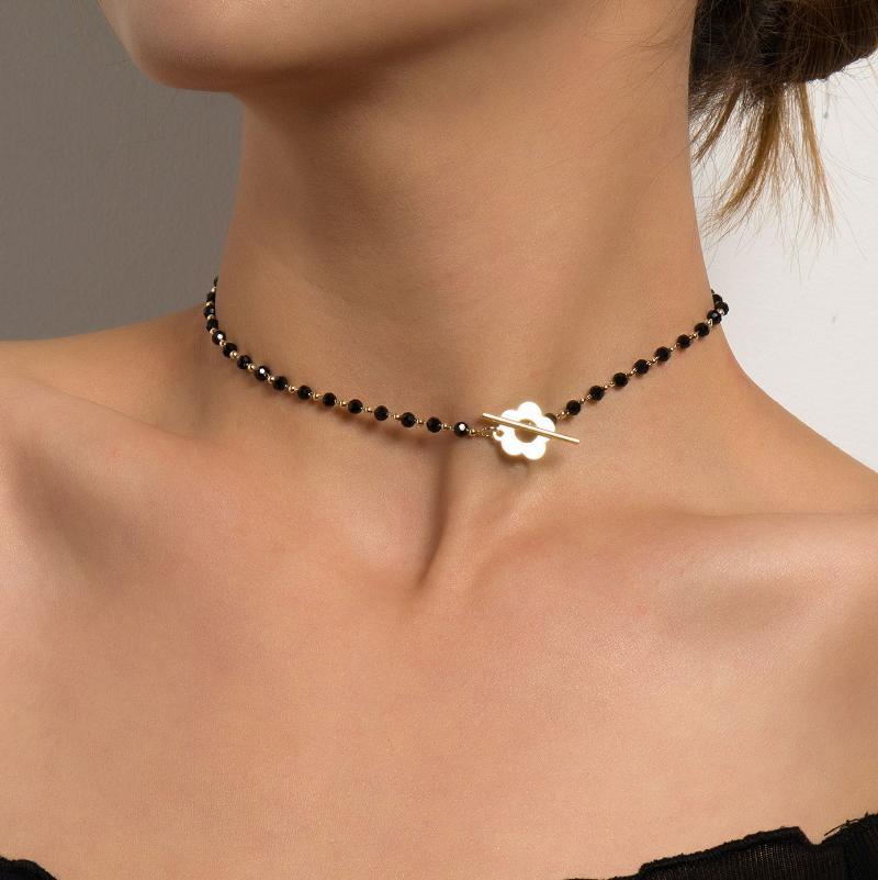 Chokers Trendy Simple Black Crystal Glass Bead Choker Necklace For Women Flower Buckle Chains Necklaces Party