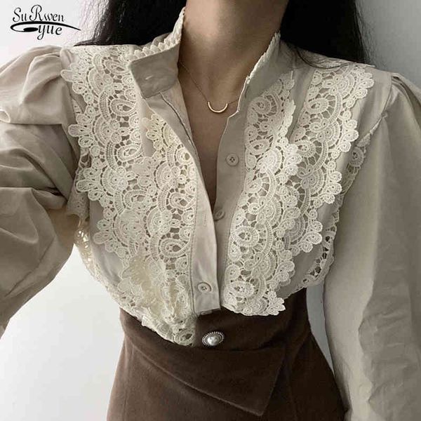 Loose Lantern Sleeve Shirt Woman Vintage Korean Stand Collar Single-row Buckle Lace Stitching Women&#039;s Shirts and Blouse 12767 210521