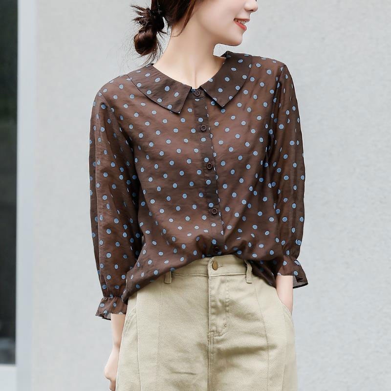 Women&#039;s Cape Spring Autumn Korea Fashion Women 3-4 Sleeve Polka Dot Print Loose Shirts Sweet Cute Peter Pan Collar Blouses Tops V5
