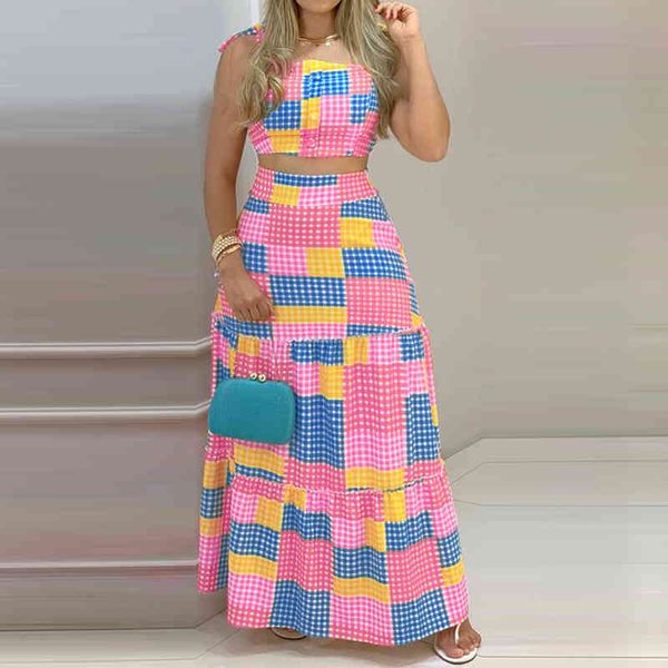 Two Piece Dress Set Sleeveless Camisole And Plaid Skirt Set Club Fashion Party Summer Women Dresses 210521
