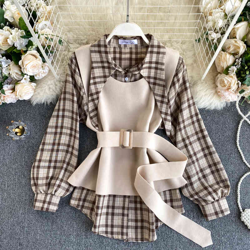 Women&#039;s Blouses & Shirts Vintage Plaid Print Shirt Blouse and Sleeveless Knit Sweater Vest Two Pieces Sets for Elegant Autumn Clot