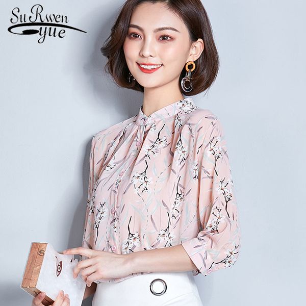 Women chiffon blouse and top summer printing seven-quarter sleeve st collar women short Fresh casual 2700 50 210521