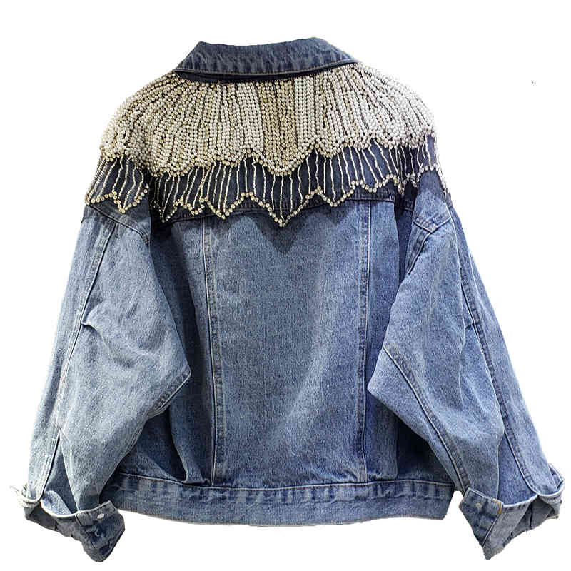 Women&#039;s Fur & Faux Black Denim Jacket Back Beading Loose Streetwear Short Jean Women Korean Spring Autumn Coat Outerwear 3ERN