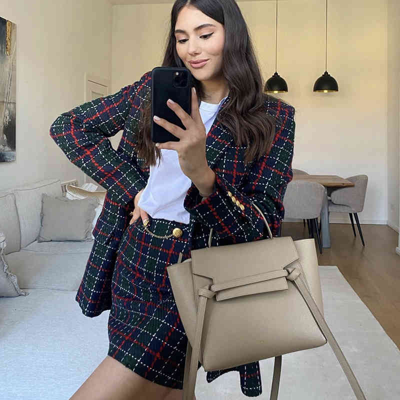 Two Piece Dress Tweed Women Patchwork Plaid Suits 2021 Spring-Autumn Vintage Ladies Knitted Mini Skirts Fashion Female Chic Blazer