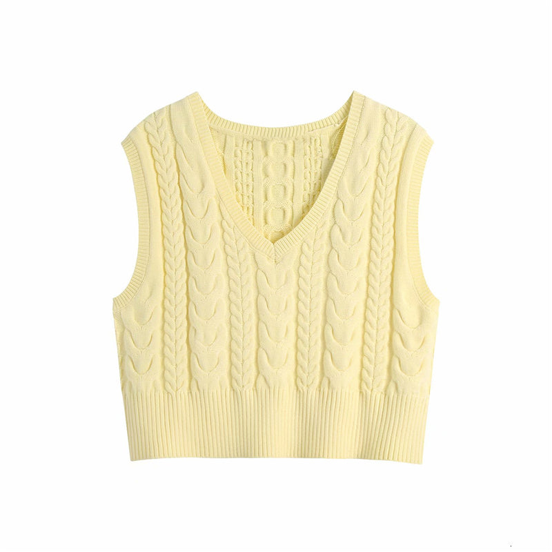 Women&#039;s Vests Elegant Women V-Neck Sweater Fashion Ladies Twist Knitted Tops Streetwear Female Chic Solid Yellow Loose Tanks 6H8D