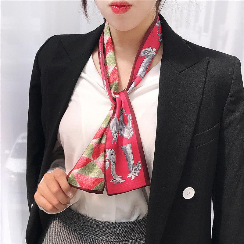 Scarves Women&#039;s Silk Neck Scarfs Animal Striped Pattern Printing Small Satin Long Scarf For Women Bag Ribbon Tie 9X98CM