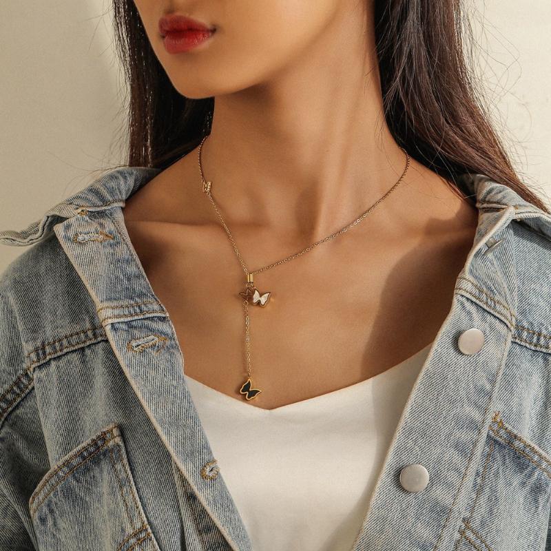 Pendant Necklaces Women Stainless Steel Gold-Plated Necklace Black And White Dripping Butterfly Long Choker Trend Chain Jewelry