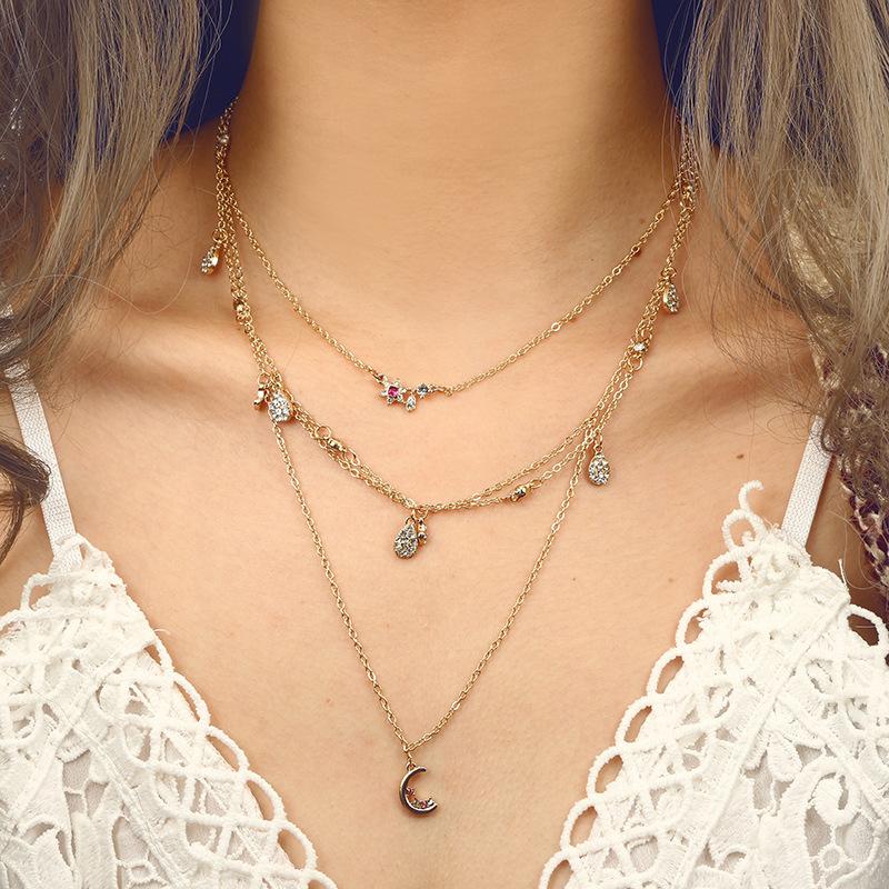 Chokers Vintage Necklaces Fashion Multi Layer Rhinestone Moom Star Pendant Necklace Bohemian Jewelry For Women