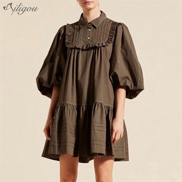 Fall Retro Loose Bubble Half Sleeve Ruffled Fashion Lapel Mini Dress Celebrity Runway Club Party Vestidos 210525