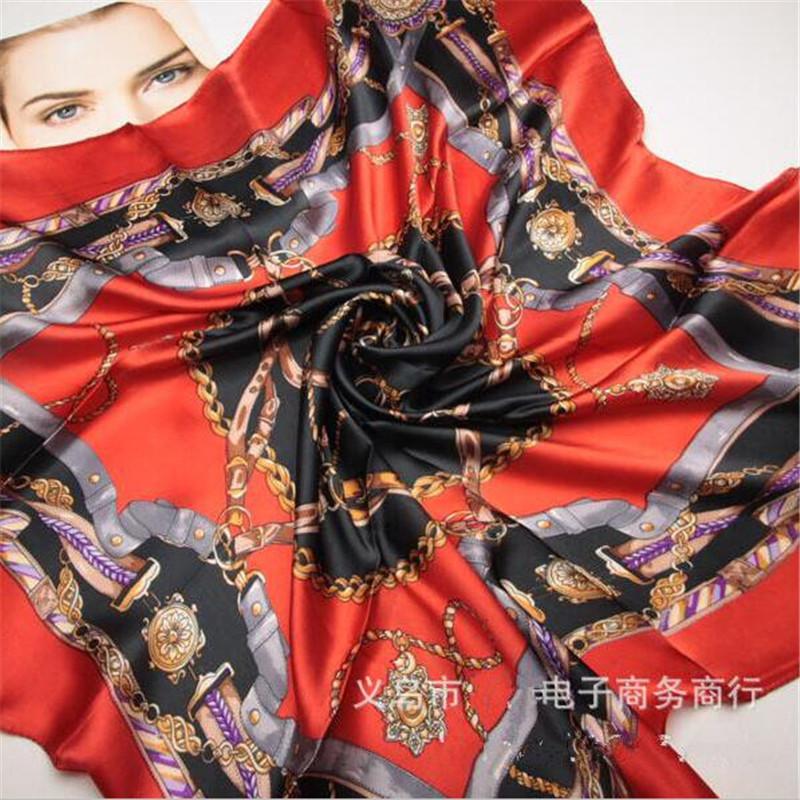 Scarves Spring 90x90cm Belt Chain Pattern Imitation Silk Scarf Women Fashion NeckerChief Large Square Office Lady Gift
