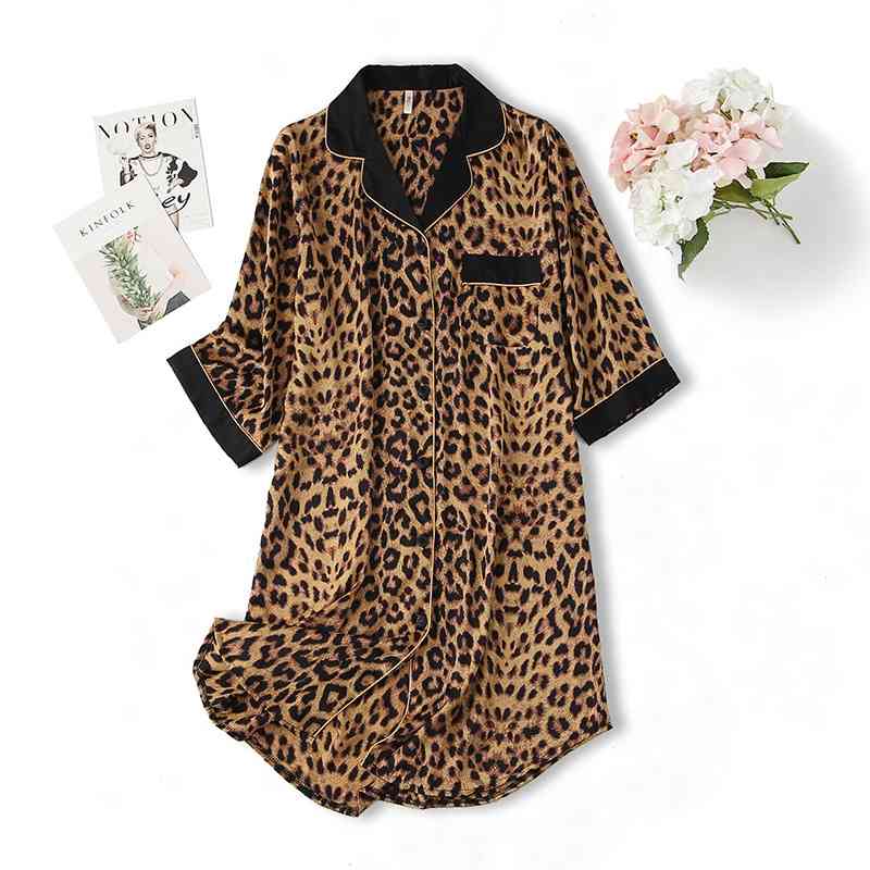 Women&#039;s Sleepwear Sleepshirt Women Print Leopard Nightgown Satin Short Home ing Gown Lapel Night Thin Oversized Nightshirt Y5GY
