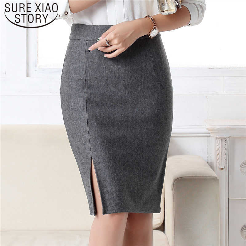 Fashion Spring Summer Elegant Slim Front Slit Midi Skirt Women Office Skirts Formal Pencil Skirt Black-Gray-Red 6180 50 210527