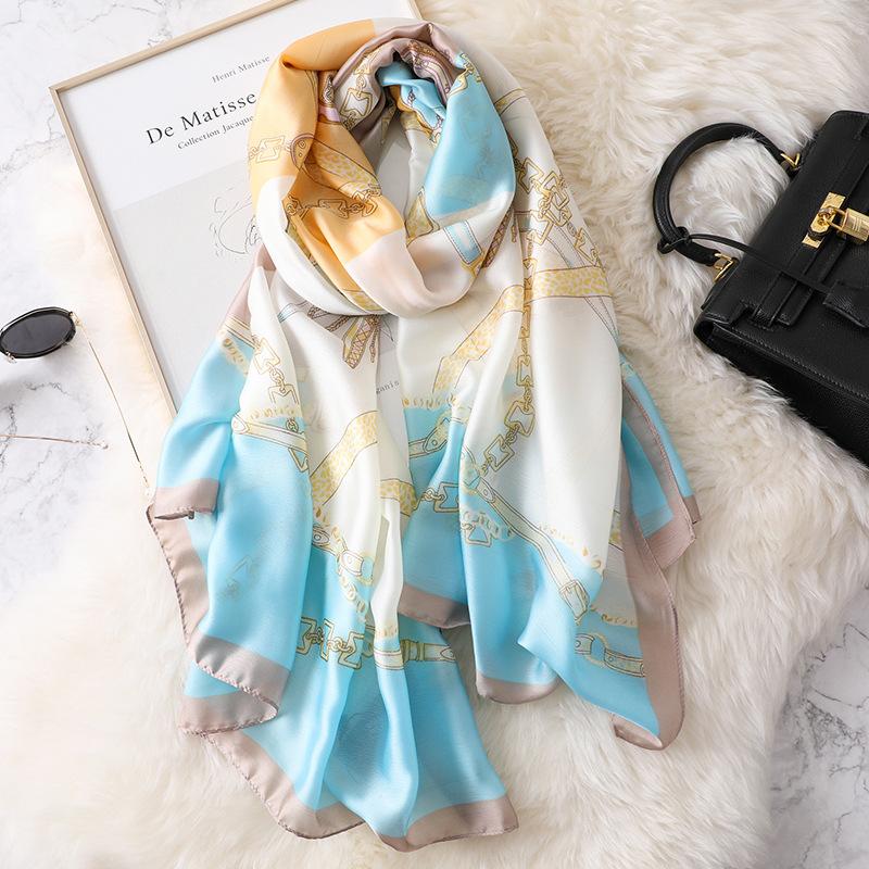 Scarves Women Imitation Silk Scarf Light Color Chain Print Shawls Office Lady Wraps Female Headscarf Beach Towel Beautiful Gift 90x180cm