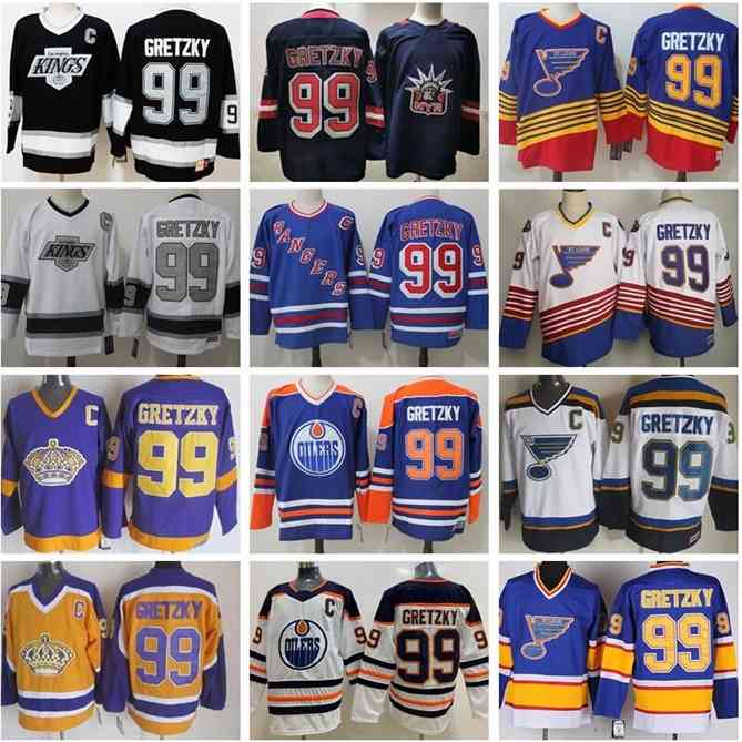 96 Ice Hockey 99 Wayne Gretzky Jersey Men New York Rangers St Louis Blues LA Los Angeles Kings Edmonton Oilers Blue White Retro Vintage