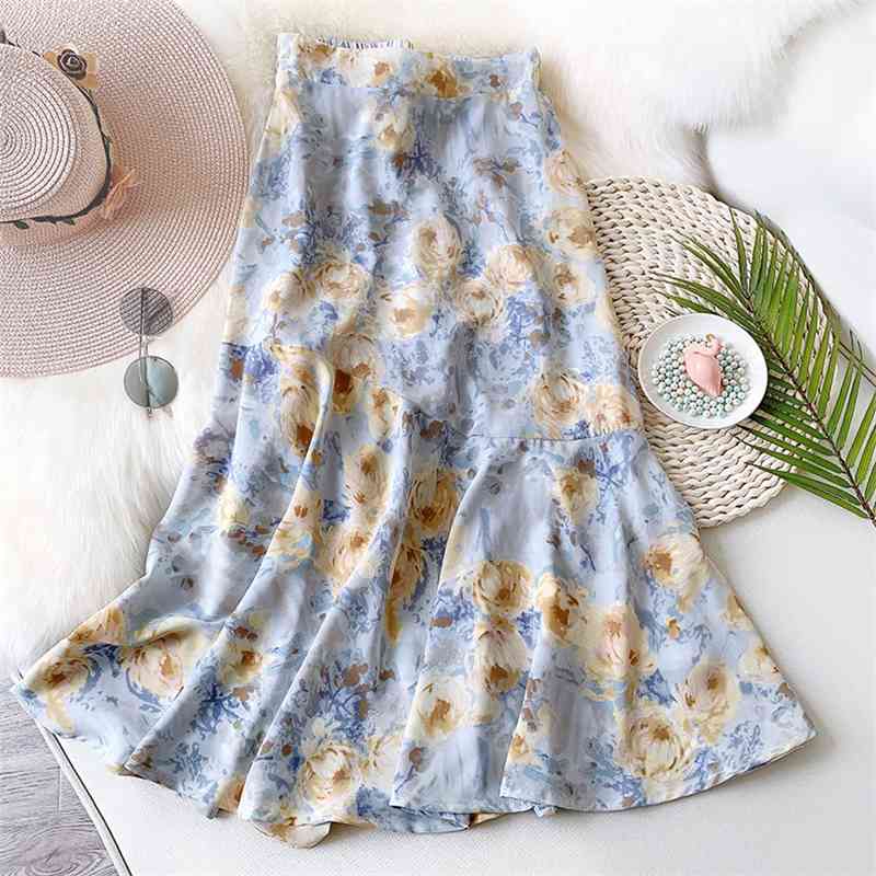 Skirts Spring Summer Elegant Oils Rose Print Long Mermaid Skirt Women Fashion Vintage High Waist Flower Maxi Woman Y9JM