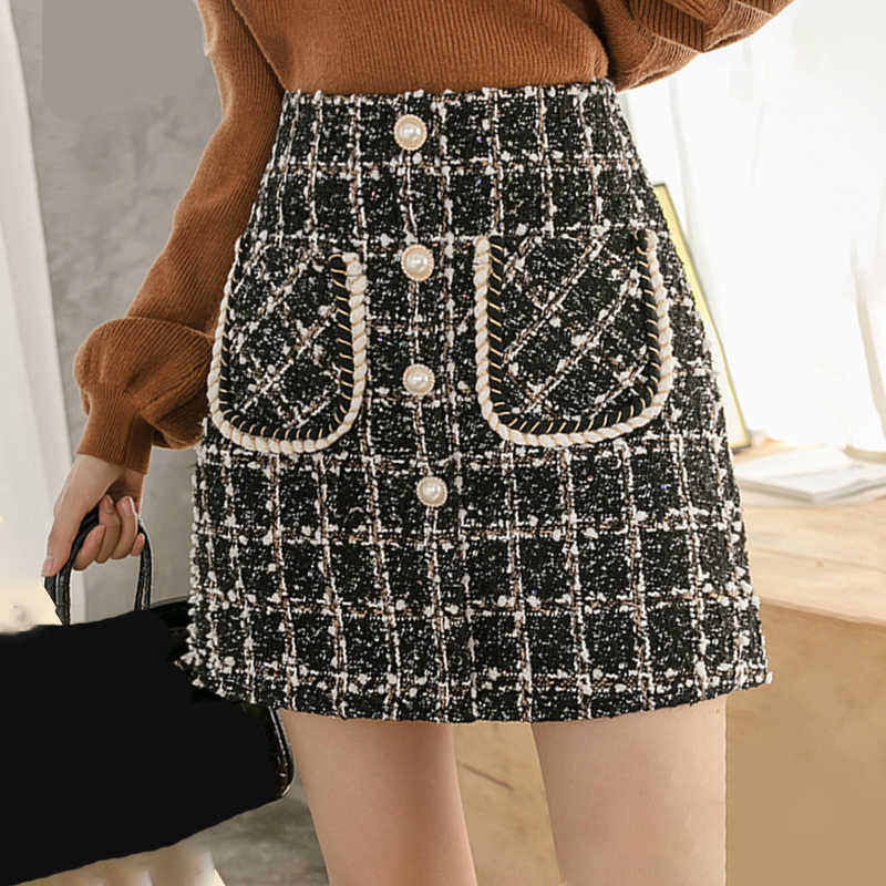 Two Piece Dress Tweed Skirts Women Autumn Winter Pearl Button Mini Pencil Plaid Wool Korean High Waist Elegant Ladies Skirt F7L7