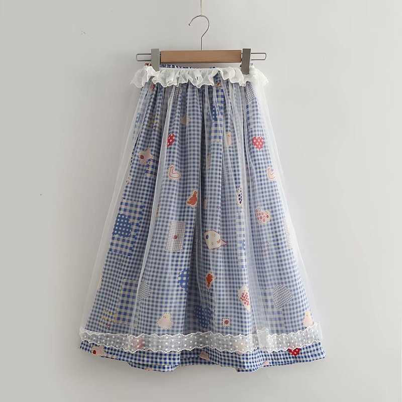 Skirts Two pieces set Cotton Plaid Women 2021 Korean Style High Waisetd Lolita Print Long Summer Splice gauze skirt rok HWPI
