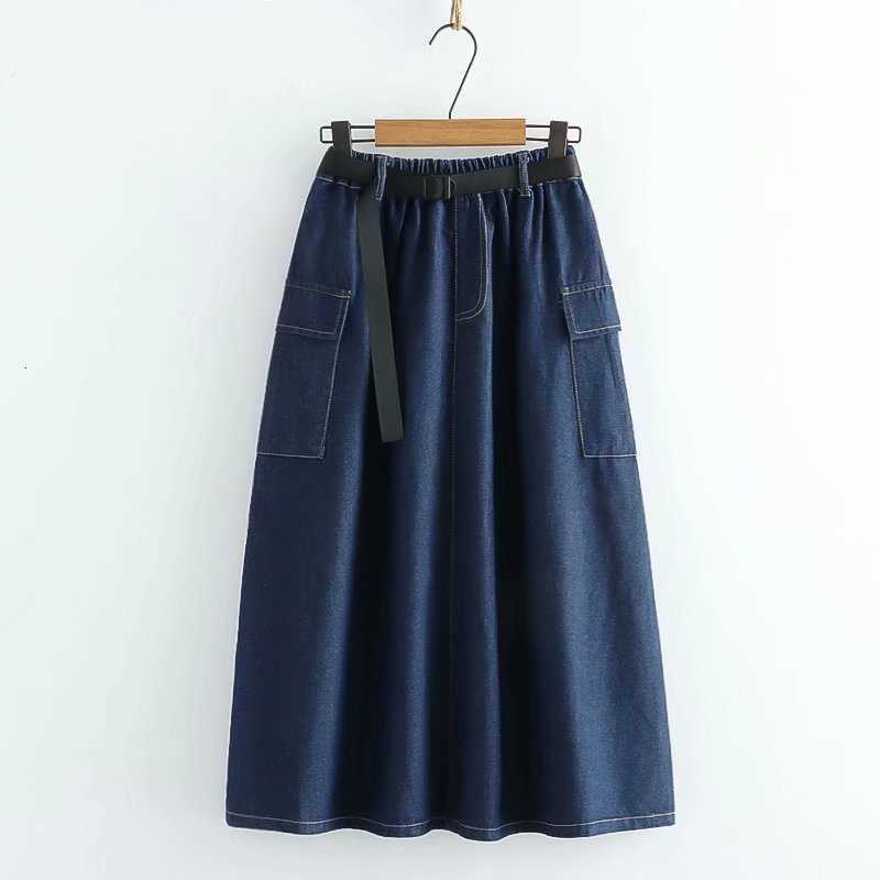 Skirts Harajuku Belted Cargo With Pockets Spring Summer 2021 Women Fashion High Waisted A-Line Long Midi Denim TUNO