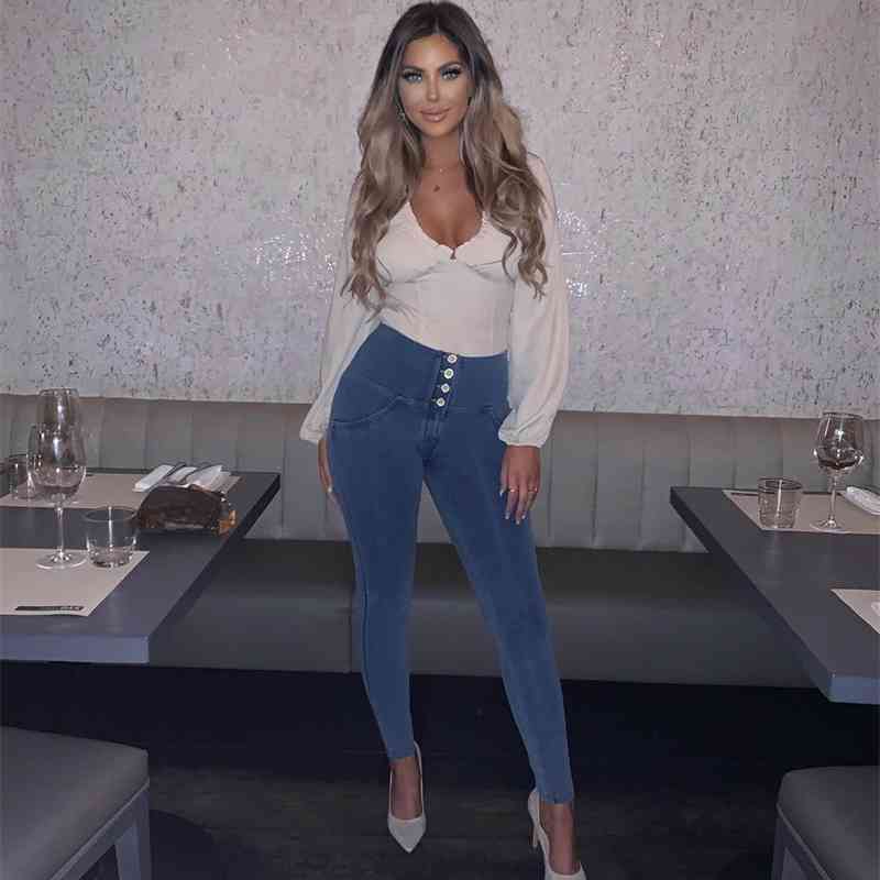 Women&#039;s Leggings Four Ways Stretchable Light Blue Yellow Stitching Jeans Women 4 buttons High Waisted Push Up Jeggings Clothes DN4