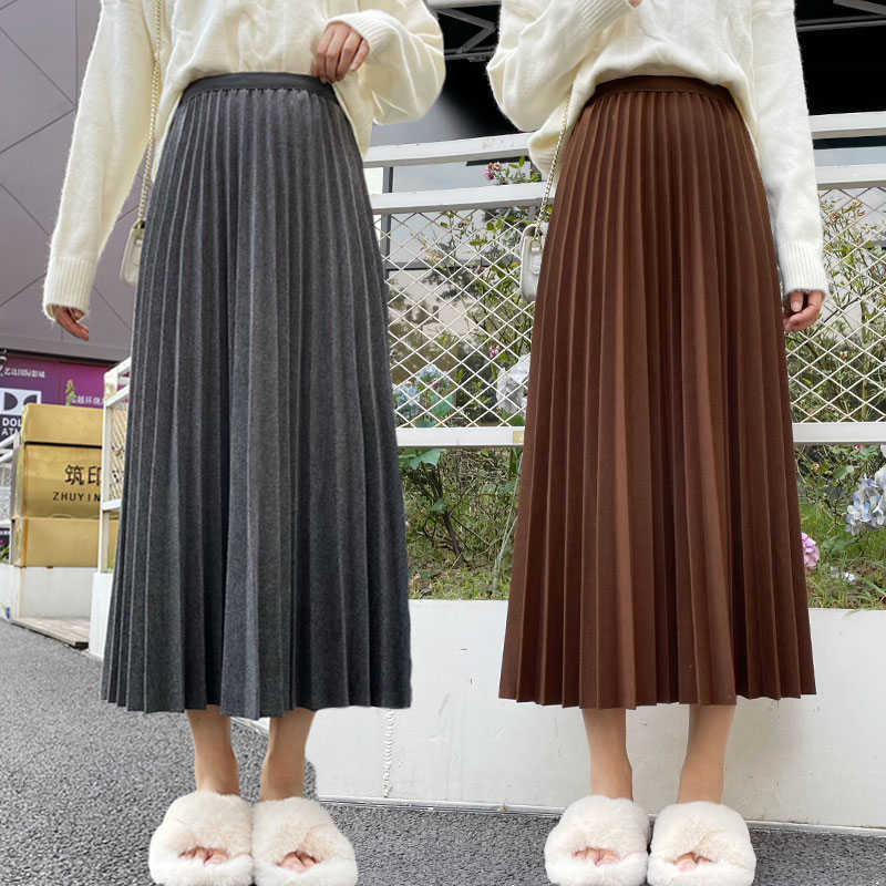 Skirts Autumn Winter Midi Long Pleated Women Casual Vintage Elastic High Waist Woollen Skirt Ladies Solid Simple jupe plisse NLCN