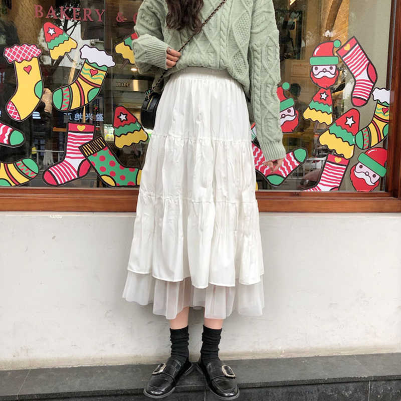 Skirts Autumn Winter Women Winkled Long Pleated White Black Gothic High Waist Mesh Patchwork Ruffle Tulle Skirt Midi Faldas GHTG