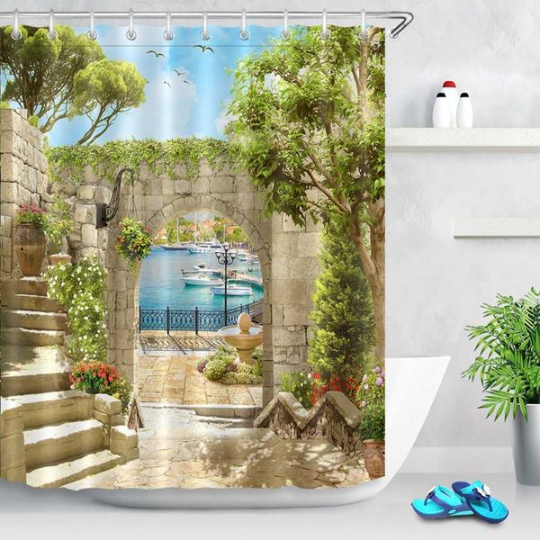 Bathroom Decor Cloth Curtains Waterproof Shower Curtain Set Polyester Bath Accessory Ancient Arch With View On The Sea And Pier 210609