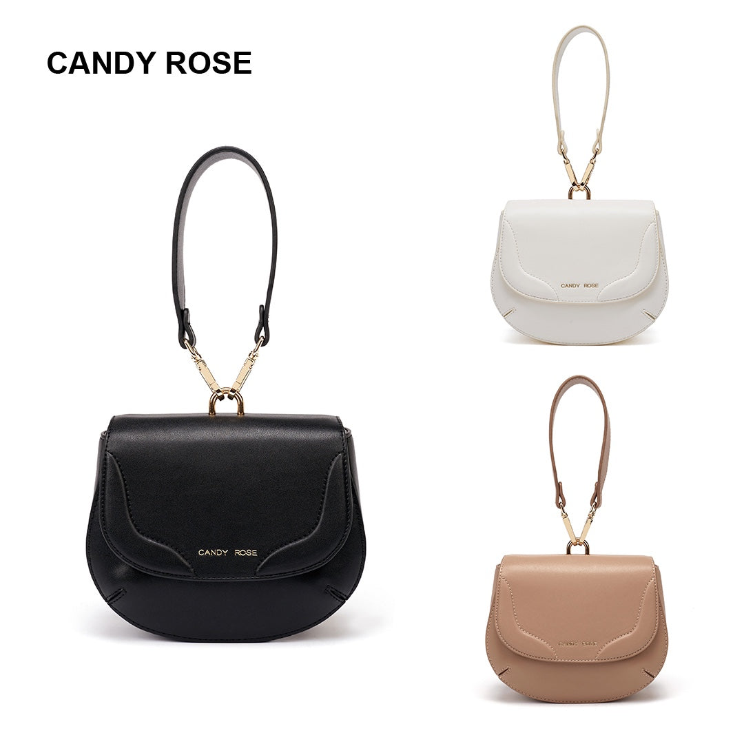 Fashion saddle bags CandyRose designer solid color leather Crossbody luxury ladies wallet hand carry semicircle glossy magnetic buckle bag