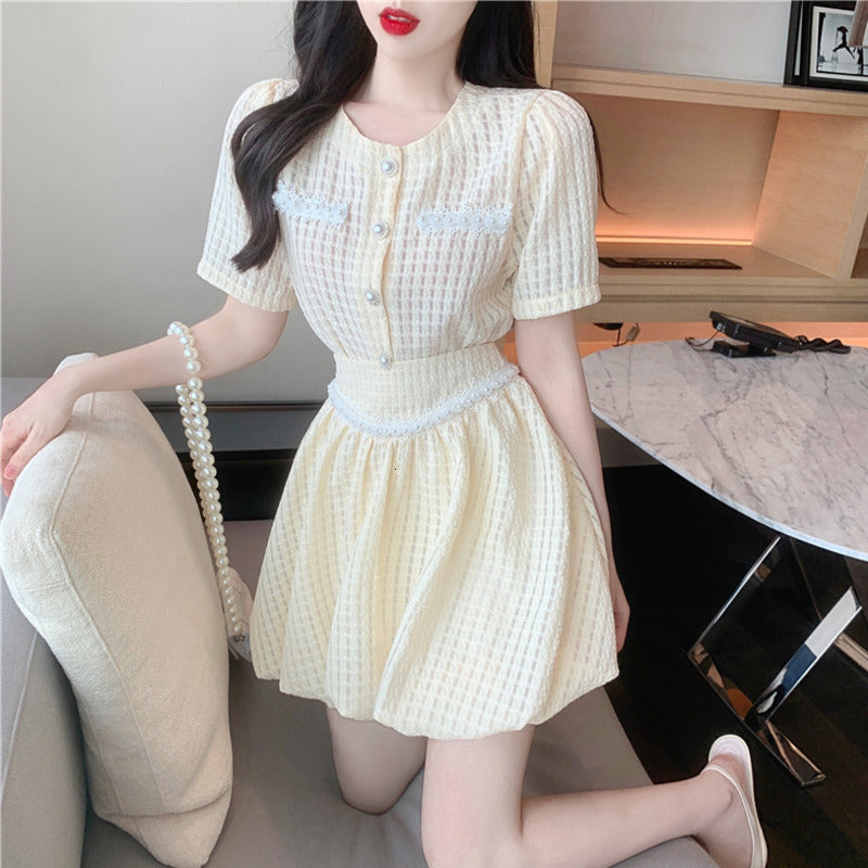 Two Piece Dress Summer Korean Sweet Set Women Sleeve Shirt Blouse Crop Top + High Waist Skirts Sets Small Fragrance 2pcs Suits A4H