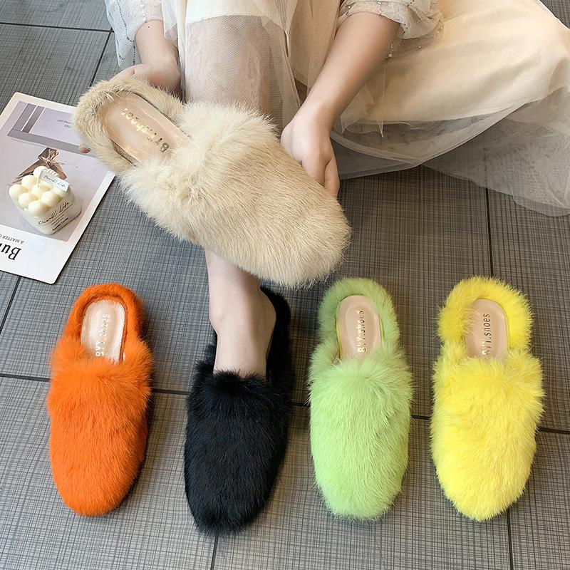 Slippers 2021 Famous Candy Color Fur Women Round Toe Flat Furry Slides Shoes Orange-green Flip Flops Pantoufle Femme 577