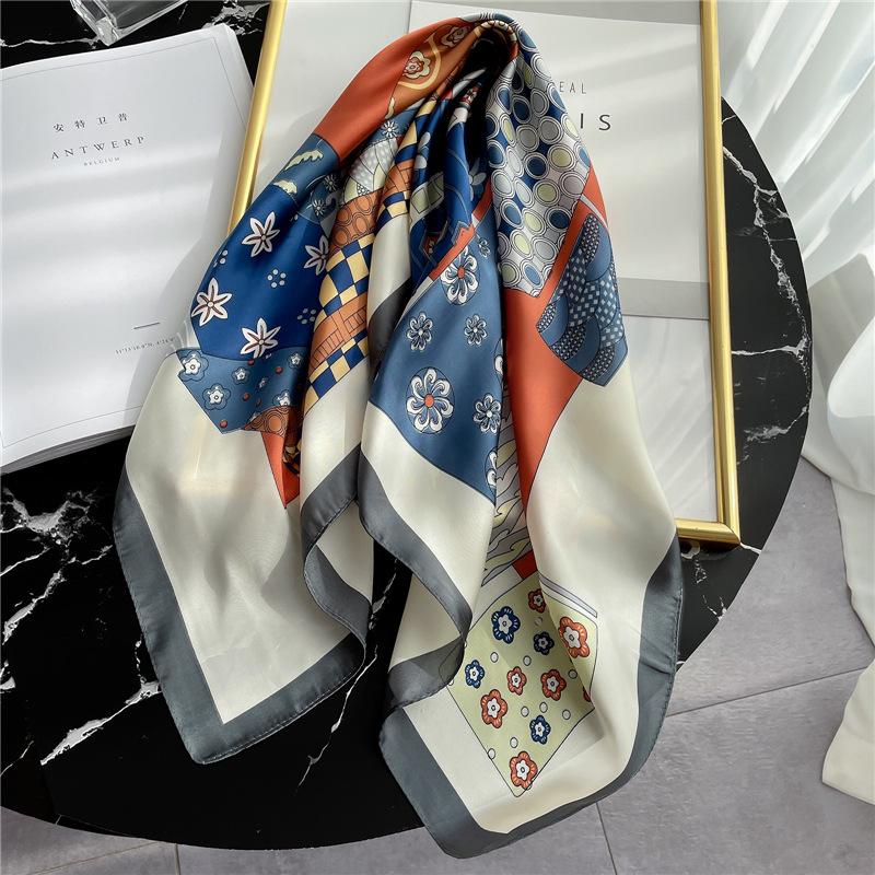 Scarves 2021 Women&#039;s Silk Scarf Square Shawl Four Seasons All-match Decorative Gift Printed Color Block