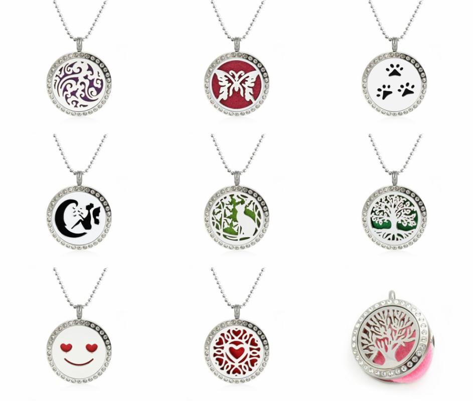 Pendant Necklaces 25mm Lovely Tree Of Life Diffuser Necklace Rhinestone Perfume Locket 316L Stainless Steel Aroma With 10 Pads & Chain