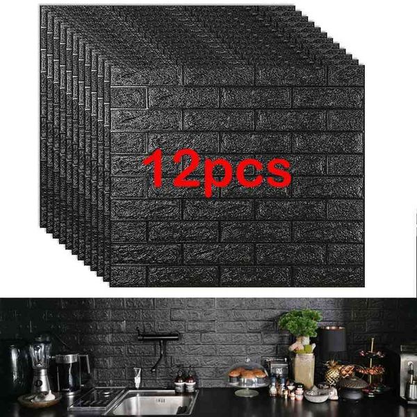 12pcs Brick Foam Panels 3D Wall Stickers Self-adhesive DIY Embossed Stone Wallpaper Home Decor Living Room Kitchen Decoration 210615
