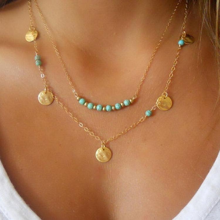 Pendant Necklaces Anise Fashion Double Layer Clavicle Chain Choker Round Sequins Beaded For Women Bohemian Collier Party Jewelry