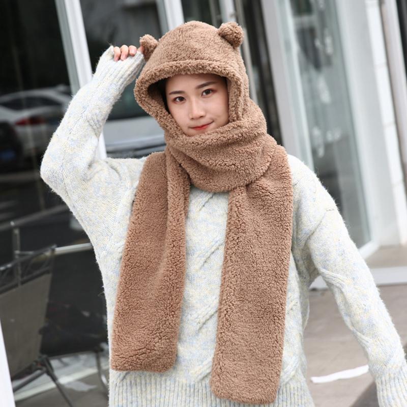 Scarves Women Winter One-Piece Hat Scarf Cute Bear Ears Hooded Earflap Cap Thicken Plush Thermal Solid Color Neck Warmer Gift