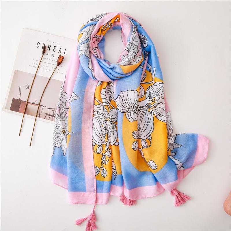 Scarves Women Scarf Blue Powder Print Sunscreen Silk 2021 Winter Tourism Fashion Flower Seaside Quality Cotton Material Shawl