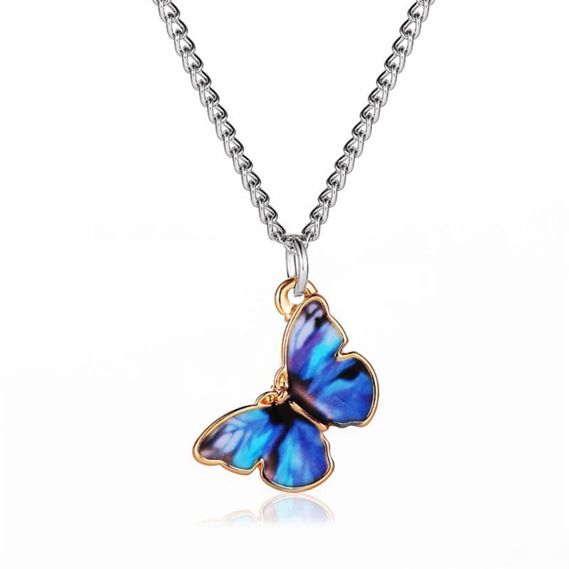 Chains Yo Korean Blue Gradient Butterfly Necklace For Women Girls Silver Color Rainbow Butterflies Pendant Choker Necklaces Jewelry