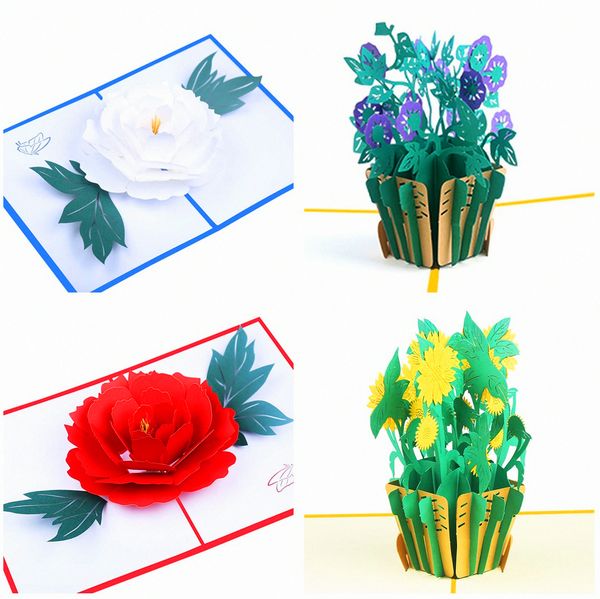 4-Pc Flowers Basket Greeting Pop Up Cards 3d Birthday Anniversary Gifts Peony Sunflower Card for Congratulations Wedding Gratulation Valenti
