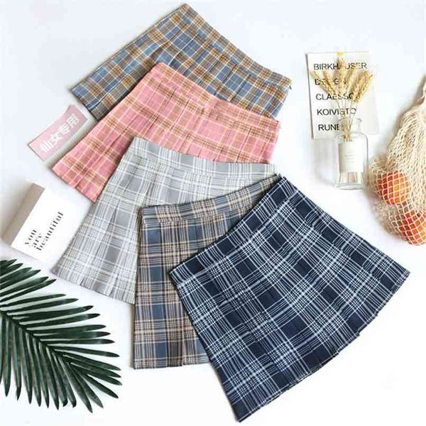 BEFORW Preppy Japanese Korea Short Skirts High Waist Mini Womens Kawaii Pink Plaid Pleated Tennis Casual Skirt 210619