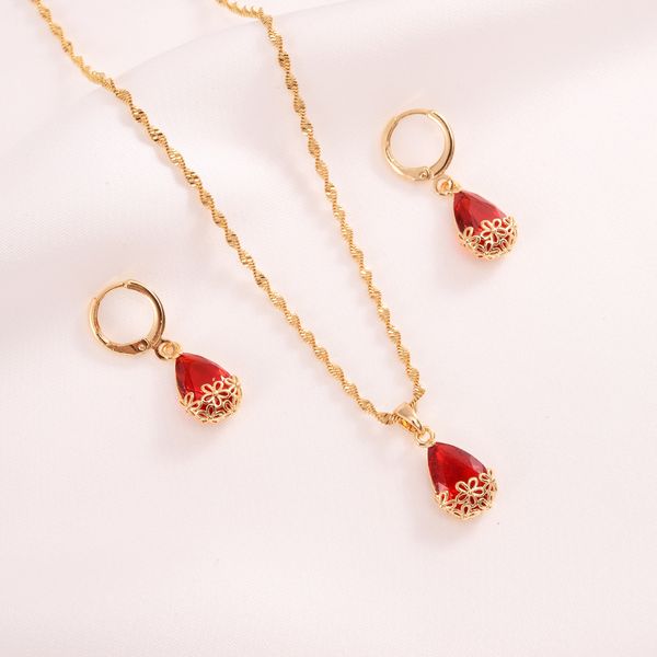 Pendant Necklace Earrings Stud Drop 9K Yellow Solid Gold CZ Jewellery Set Wome&#039;s inlay Crystal Bezel setting Multicolor