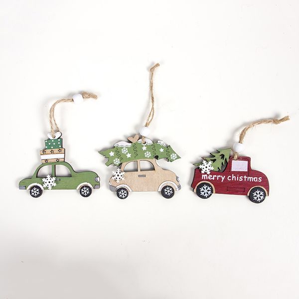 3Pcs-Pack Christmas Truck with Tree Ornaments Wooden Christmas Decoration for Xmas Tree Ornament Party Kids gift GGB2358