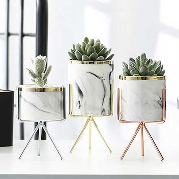 Nordic Ceramic Iron Art Vase Marble Pattern Rose Gold Silver Tabletop Green Plant Pot Home Office Vases Decorative 210623