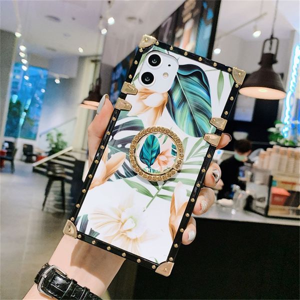 Luxury square Blu-ray lips leaf silicone Phone Case For iPhone 12 11 Pro XR XS MAX 6S 7 8 Plus SE Ring Holder vintage back Cover
