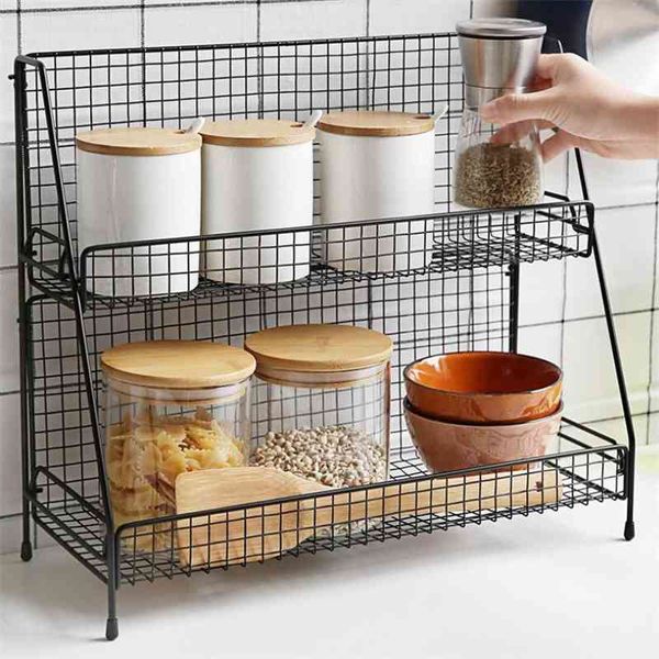 Iron Wire Kitchen Storage Rack Cosmetic Basket Makeup Shelves Metal Spice Seasoning Holder Home Bathroom Shelf Desktop Organizer 210705