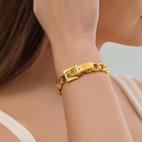 Chain Link Chain Retro Gold Silver Color Exaggerated Metal Watch Belt Buckle Link Bracelet Femme Hip Hop Bangles For Women Jewelry